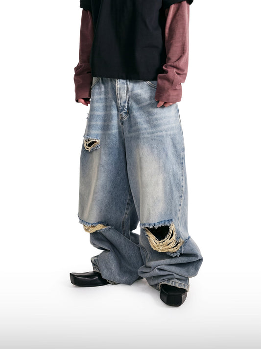 Distressed Straight-Leg Denim Jeans