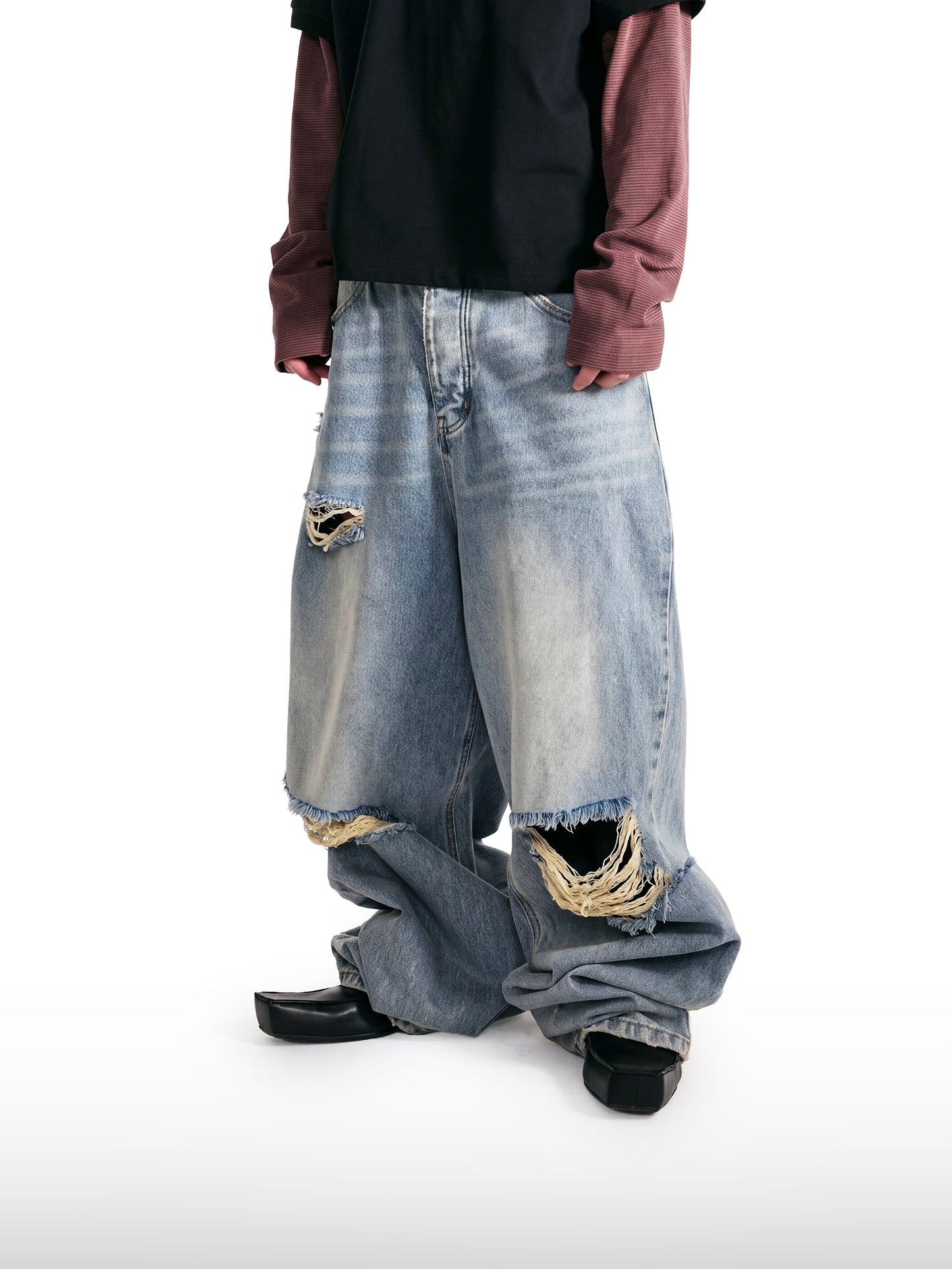 Distressed Straight-Leg Denim Jeans