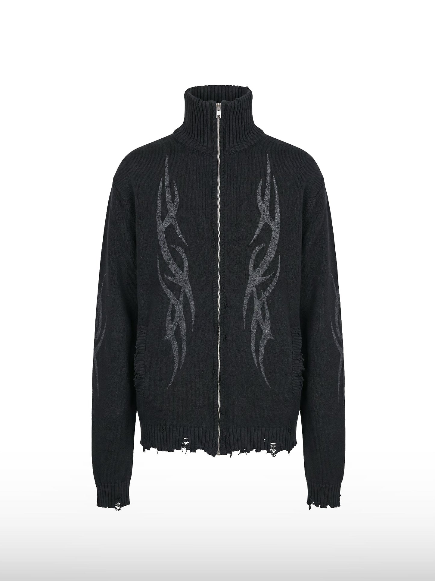 Distressed Tribal Zip Sweater