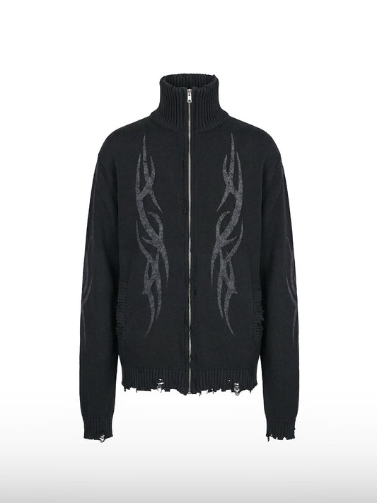 Distressed Tribal Zip Sweater